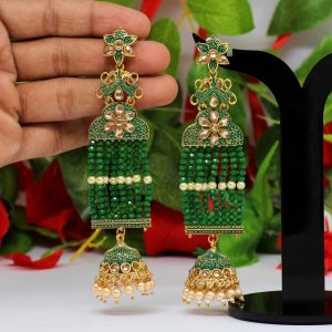 Green Color Glass Stone Mint Meena Long Earrings-0