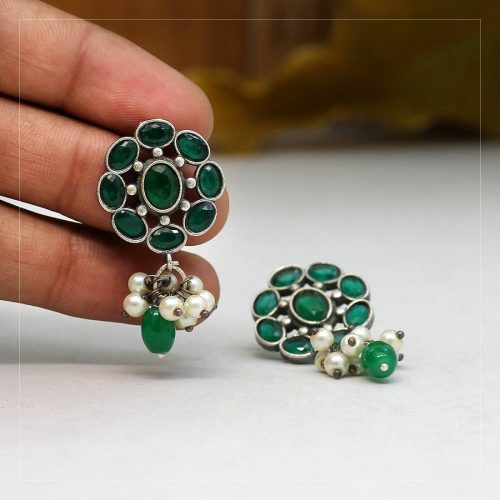 Green Color Glass Stone Oxidised Earrings