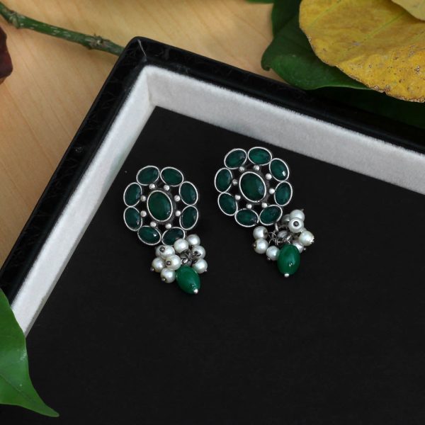 Green Color Glass Stone Oxidised Earrings-16097