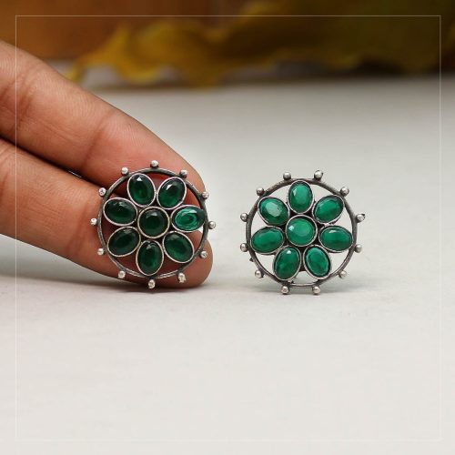 Green Color Glass Stone Oxidised Earrings