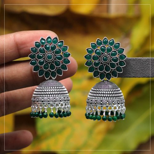 Green Color Glass Stone Oxidised Earrings