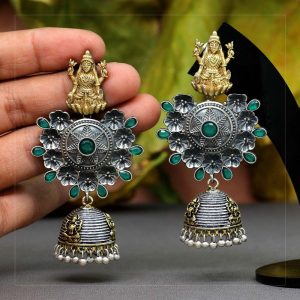 Green Color Glass Stone Oxidised Two Tone Brass Earrings-0