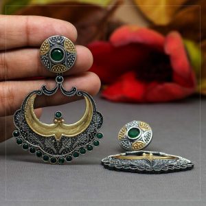 Green Color Glass Stone Oxidised Two Tone Earrings-0