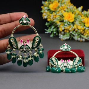 Green Color Hand Painted Kundan Meenakari Earrings-0