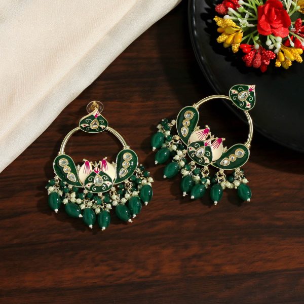 Green Color Hand Painted Kundan Meenakari Earrings-4919