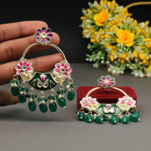 Green Color Hand Painted Kundan Meenakari Earrings