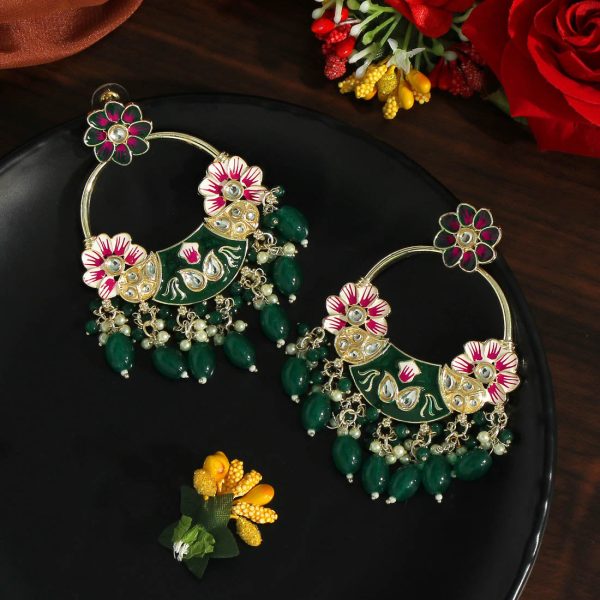 Green Color Hand Painted Kundan Meenakari Earrings-4931