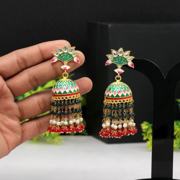 Green Color Hand Painted Meenakari Earrings-0