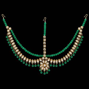 Green Color Imitation Pearl & Kundan Work Matha Patti-0