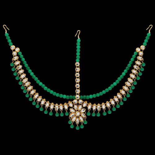 Green Color Imitation Pearl & Kundan Work Matha Patti