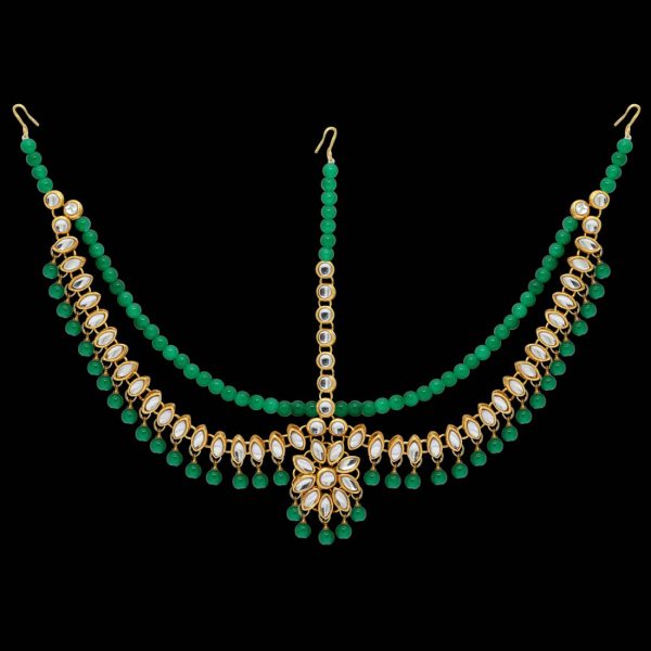 Green Color Imitation Pearl & Kundan Work Matha Patti-0