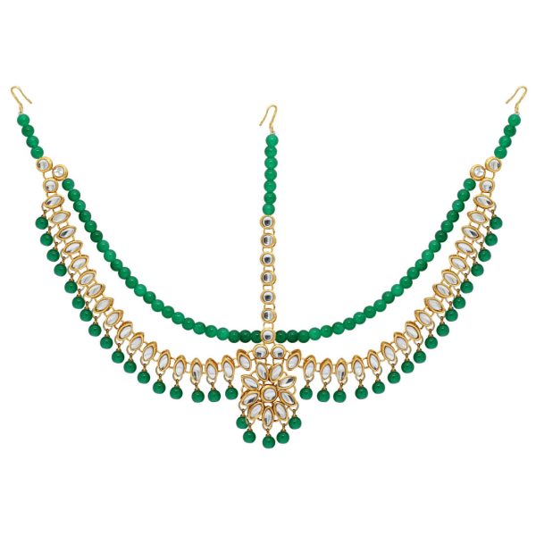 Green Color Imitation Pearl & Kundan Work Matha Patti-9729