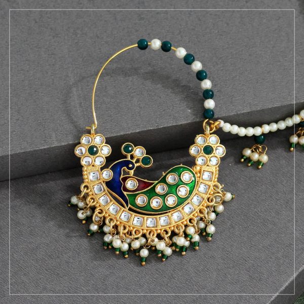 Green Color Kundan & Beads Meenakari Nose Nath-12216