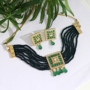 Green Color Kundan Choker Necklace Set-0