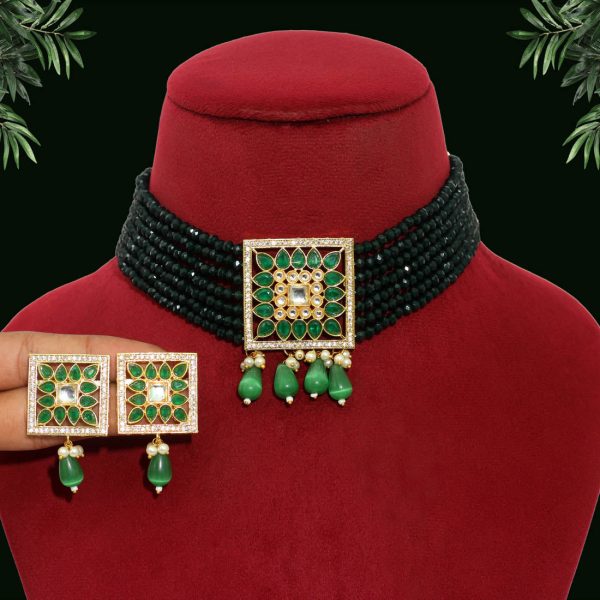 Green Color Kundan Choker Necklace Set-12429