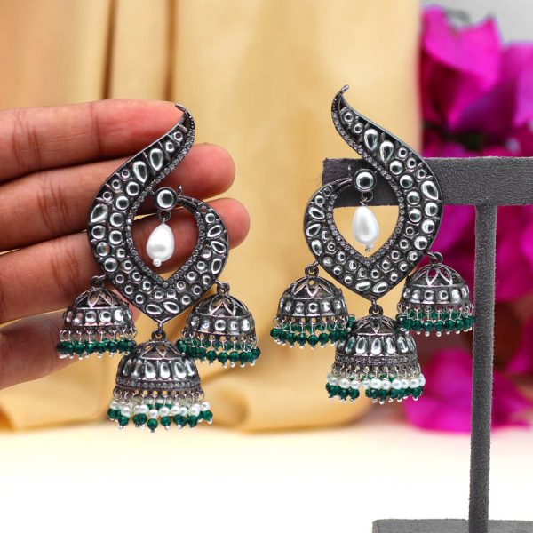 Green Color Kundan Earrings-14294