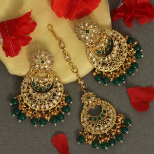 Green Color Kundan Earrings With Maang Tikka-0