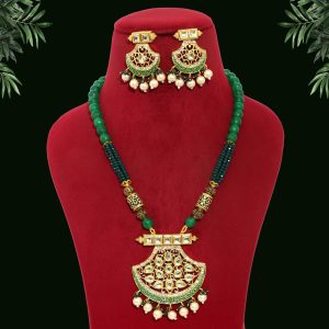 Green Color Kundan Long Necklace Set-0