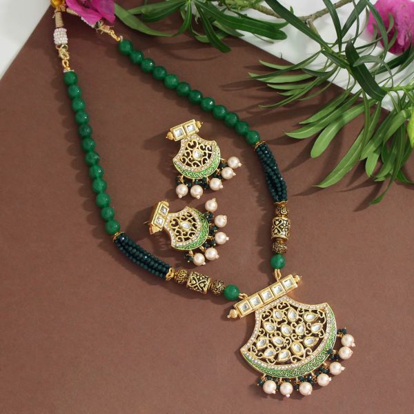 Green Color Kundan Long Necklace Set-12435