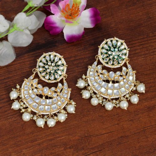 Green Color Kundan Meena Earrings