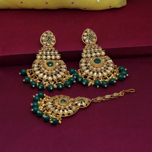 Green Color Kundan Meena Earrings With Maang Tikka-0