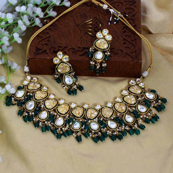 Green Color Kundan Meena Necklace Set-0