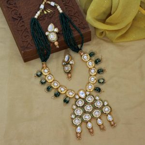 Green Color Kundan Meena Necklace Set-0