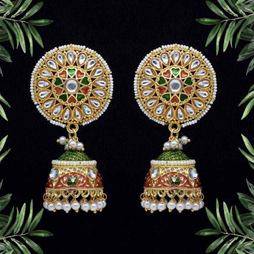 Green Color Kundan Meenakari Earrings