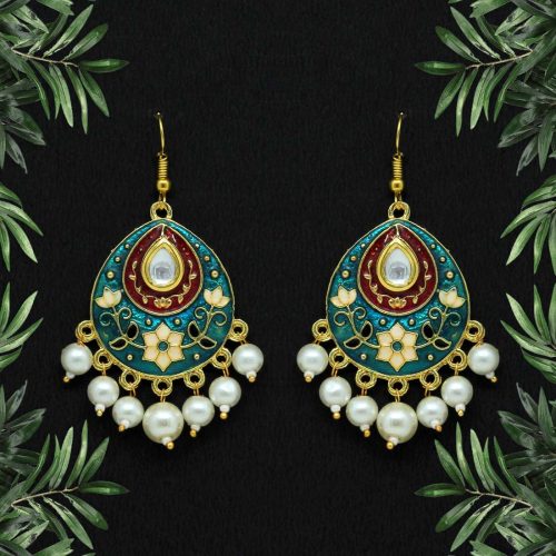 Green Color Kundan Meenakari Earrings