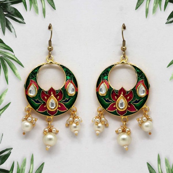 Green Color Kundan Meenakari Earrings-0