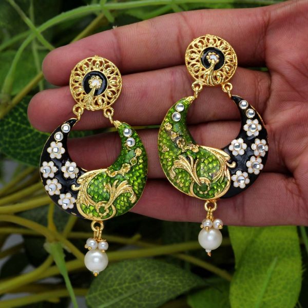 Green Color Kundan Meenakari Earrings-0