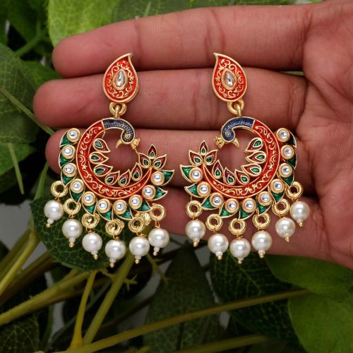 Green Color Kundan Meenakari Earrings