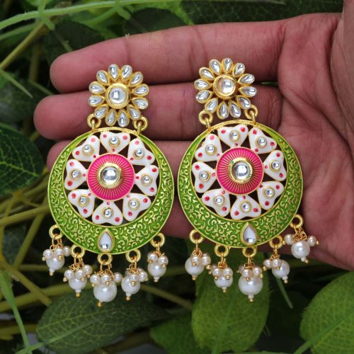 Green Color Kundan Meenakari Earrings