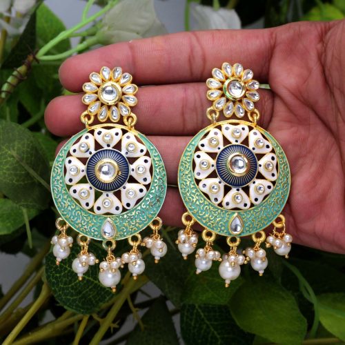 Green Color Kundan Meenakari Earrings