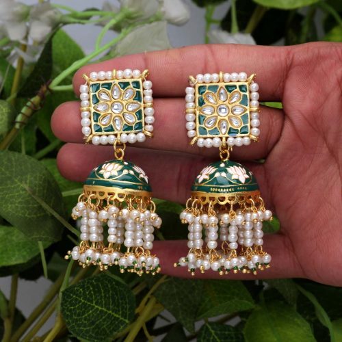 Green Color Kundan Meenakari Earrings