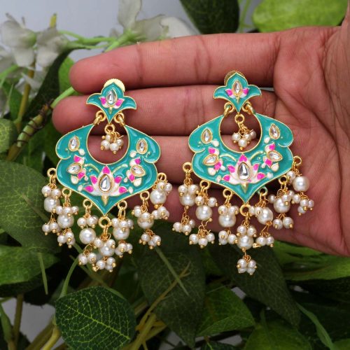 Green Color Kundan Meenakari Earrings