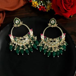 Green Color Kundan Meenakari Earrings-0