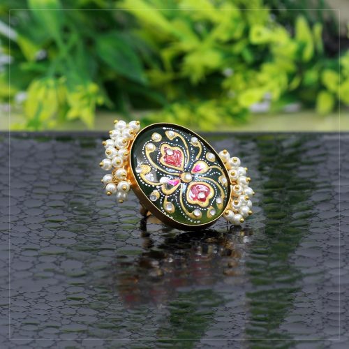 Green Color Kundan Meenakari Finger Ring For Women