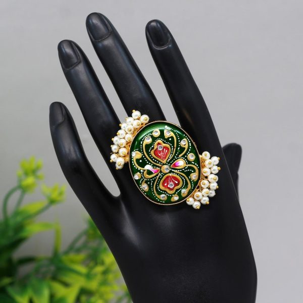 Green Color Kundan Meenakari Finger Ring For Women-15967