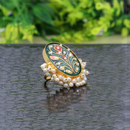 Green Color Kundan Meenakari Finger Ring For Women