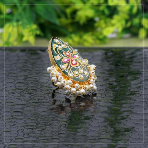 Green Color Kundan Meenakari Finger Ring For Women