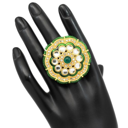 Green Color Kundan Meenakari Finger Ring For Women