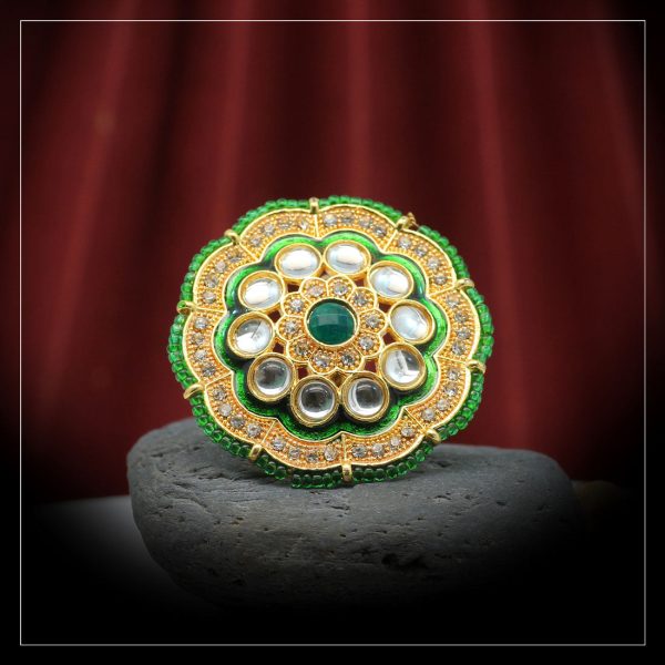 Green Color Kundan Meenakari Finger Ring For Women-12590