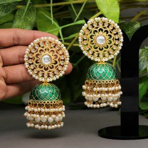 Green Color Kundan Meenakari Jhumka Earrings-0