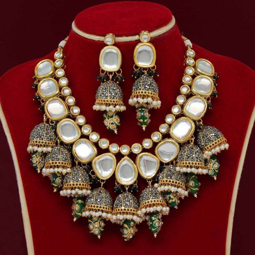 Green Color Kundan Meenakari Necklace Set