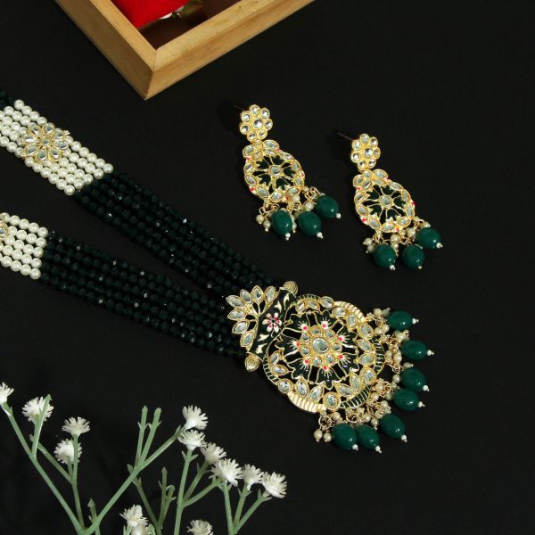 Green Color Kundan Meenakari Necklace Set-3615