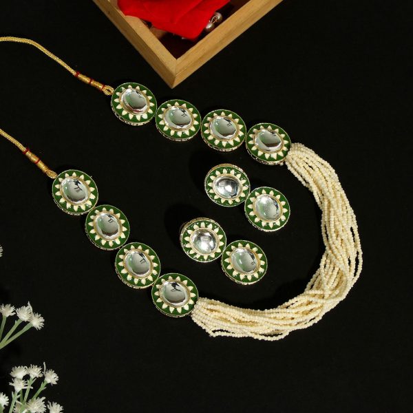 Green Color Kundan Meenakari Necklace Set-3689
