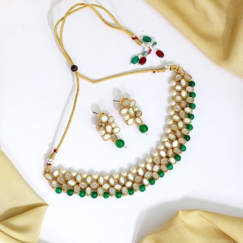 Green Color Kundan Mirror Necklaces Set