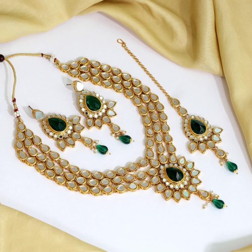 Green Color Kundan Mirror Necklaces Set