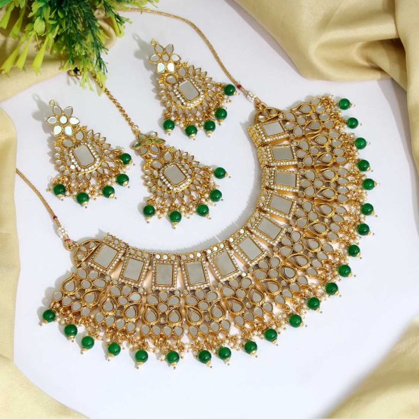 Green Color Kundan Mirror Necklaces Set-0
